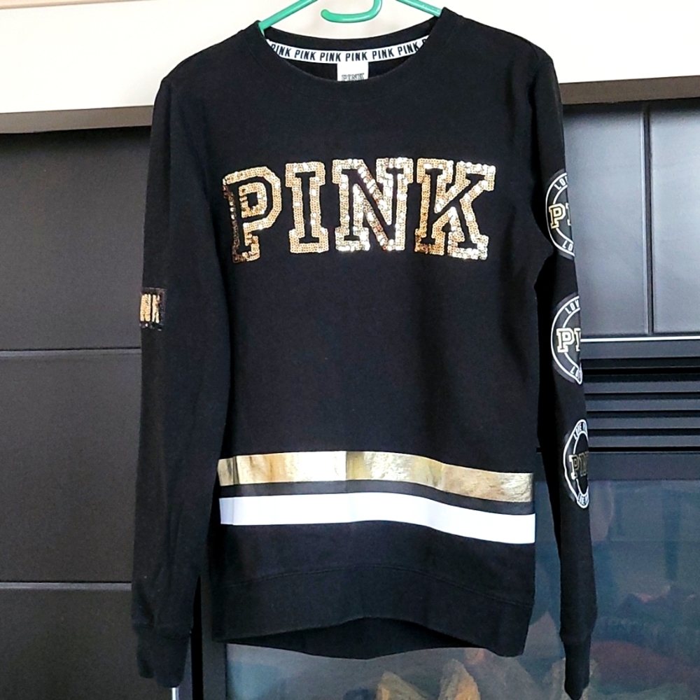 Pink Victoria Secret gold sequin black long sleeve top Size XS